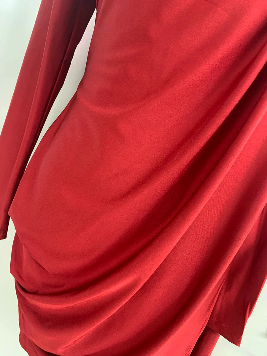 Solid Patchwork Ruffles Mini Dress for Women, Stand Collar, Asymmetrical Slimming Design