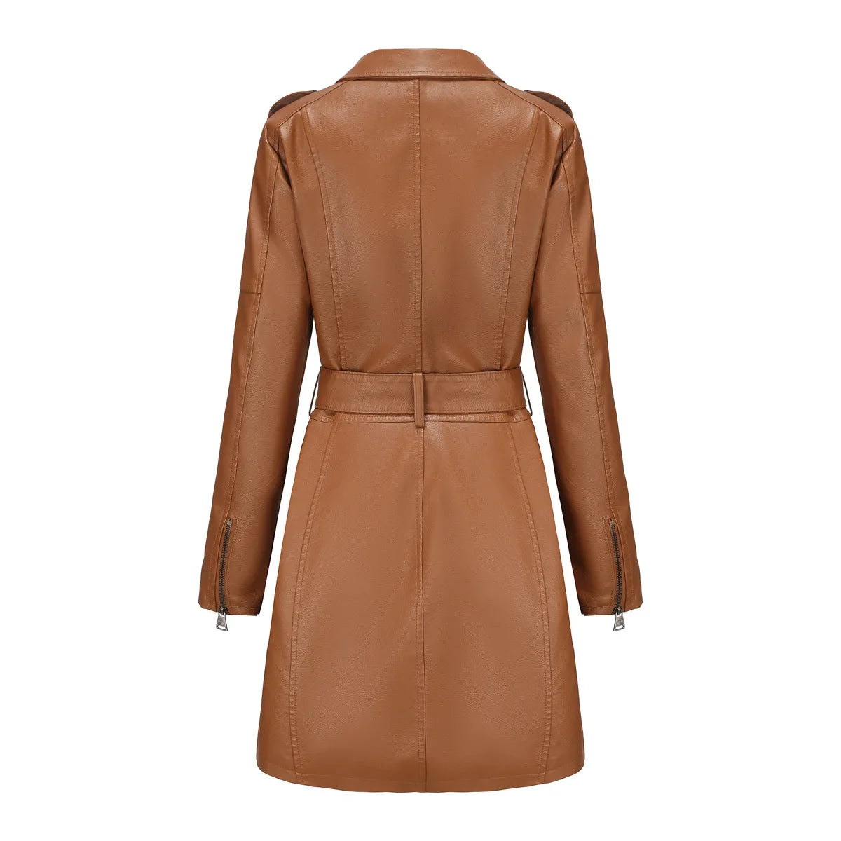 Red PU Leather Waist Lace-Up Long Jacket - Women's Fashion Overcoat
