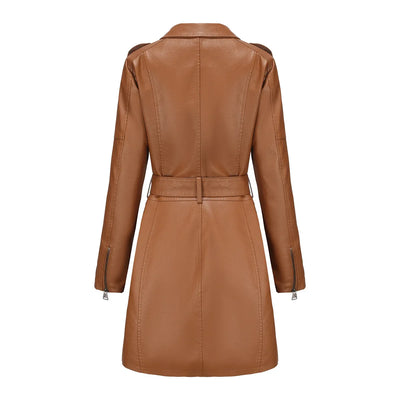 Red PU Leather Waist Lace-Up Long Jacket - Women's Fashion Overcoat