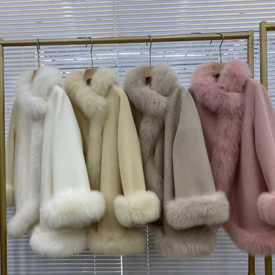 Women's Winter Real Fur Coat with Natural Fox Fur Collar and Wool Blend