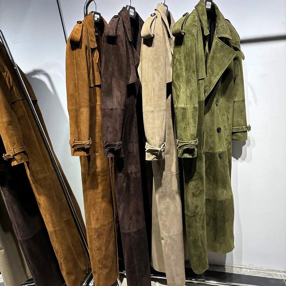 Long Real Leather Trench Coat for Women - Double Breasted Suede