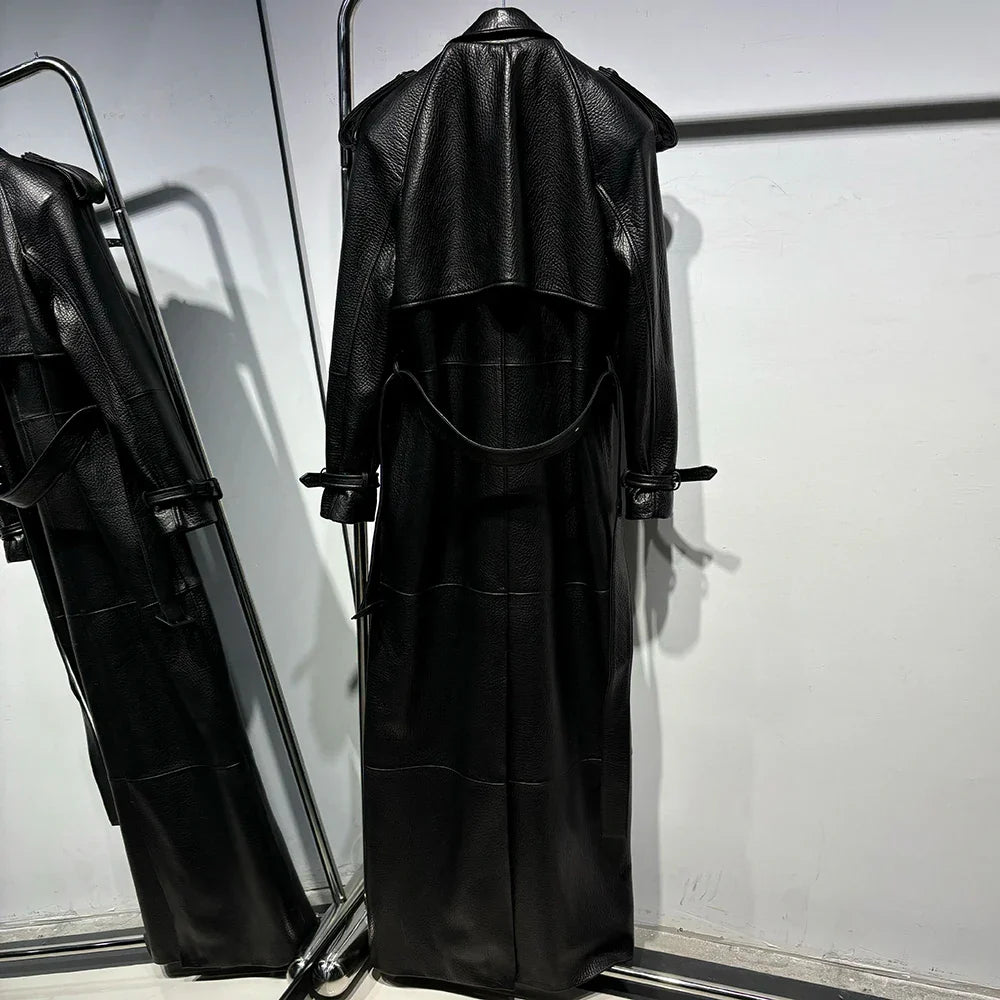 Long Real Leather Trench Coat for Women - Double Breasted Suede