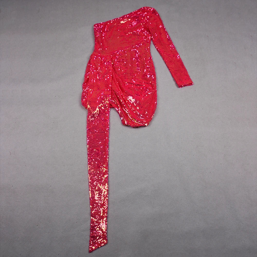 Women’s Green Pink Gold Sequined One Shoulder Party Dress