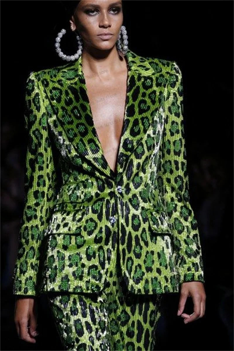 Sequins Leopard Women Suit Set – Blazer and Pants Formal Party Wear