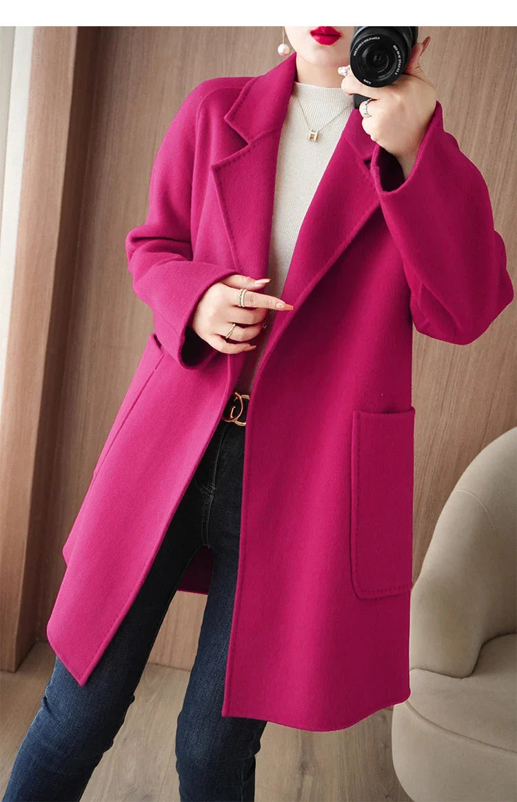 Women Double-Sided Woolen Cashmere Coat with Belt