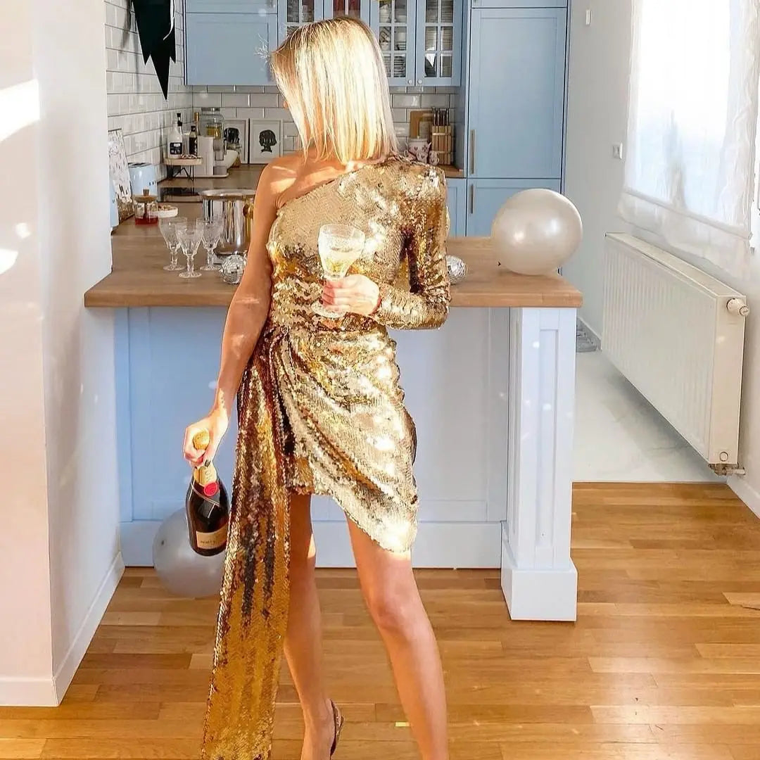 Women’s Green Pink Gold Sequined One Shoulder Party Dress