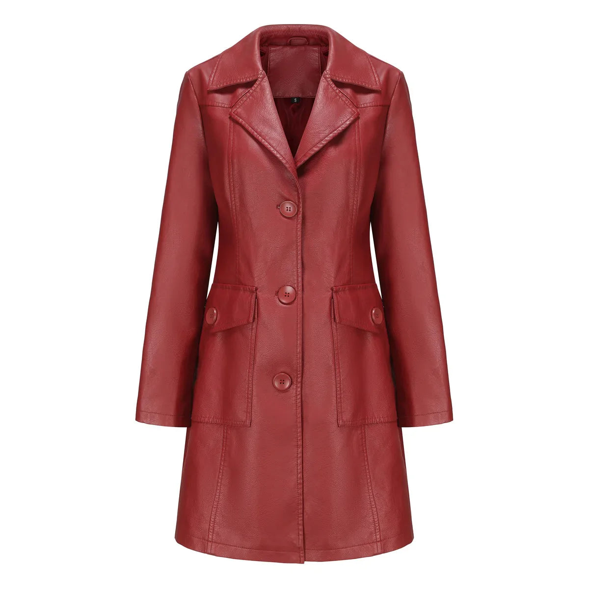 Red PU Leather Waist Lace-Up Long Jacket - Women's Fashion Overcoat