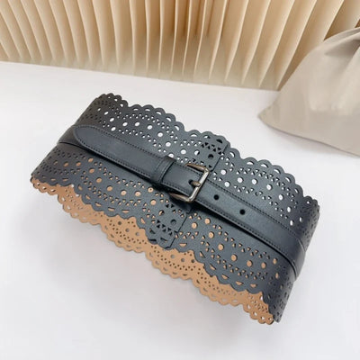 12 CM Wide Hollow Pattern Pin Buckle Waist Belt - Handmade Luxury Accessory