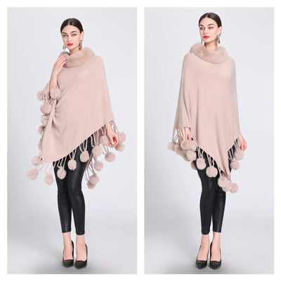 Poncho Scarf with Faux Fur Collar and Fringed Shawl