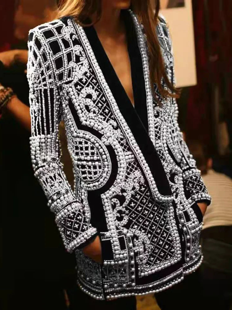 High Street Women's Blazer - V Neck, Long Sleeve, Embroidered Flares, Colorblock Design