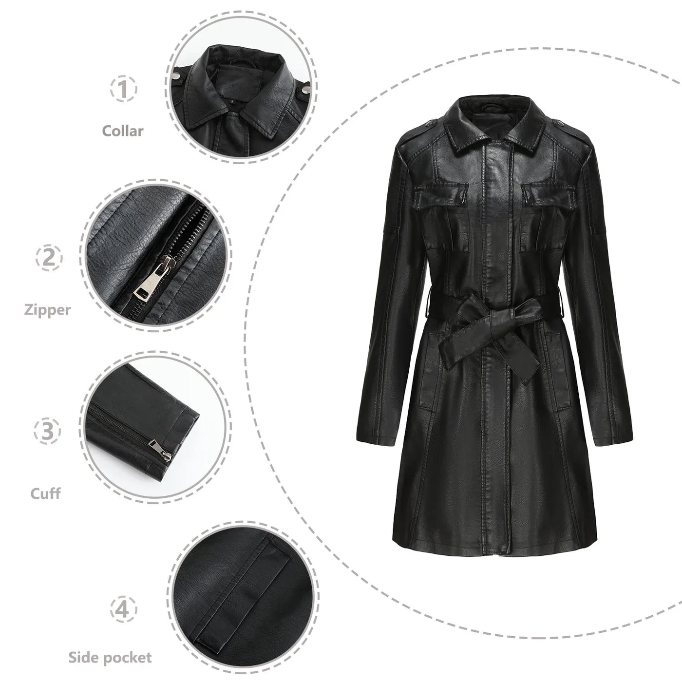 Red PU Leather Waist Lace-Up Long Jacket - Women's Fashion Overcoat