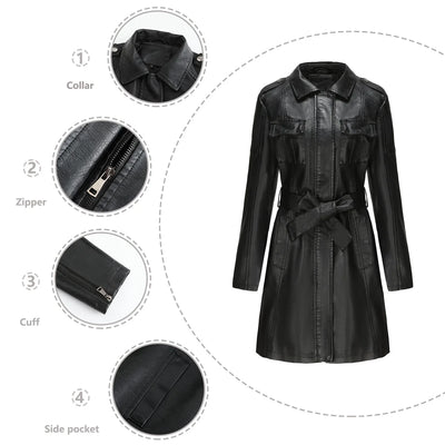 Red PU Leather Waist Lace-Up Long Jacket - Women's Fashion Overcoat