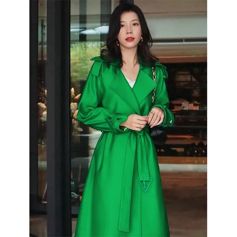 Elegant Mid-Length Women's Trench Coat | Green Windbreaker Outerwear