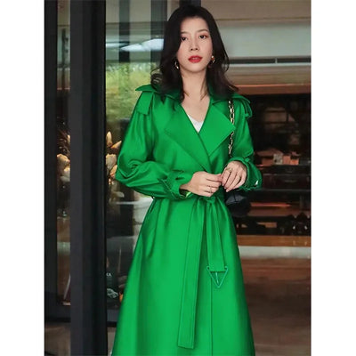 Elegant Mid-Length Women's Trench Coat | Green Windbreaker Outerwear
