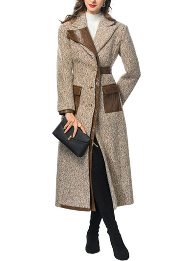 Women Elegant Patchwork Windbreaker with PU Leather Splice and Belt