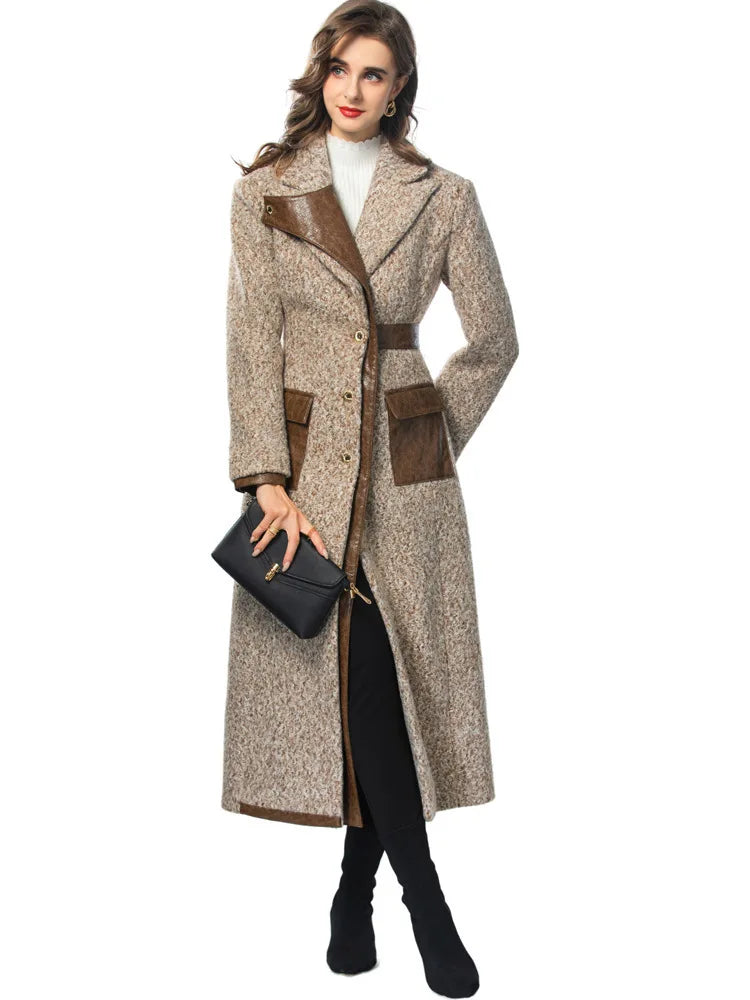 Women Elegant Patchwork Windbreaker with PU Leather Splice and Belt