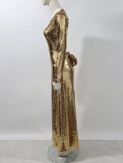 Gold Sequin Backless Evening Dress with Bow - Slim Fit, Long Sleeves