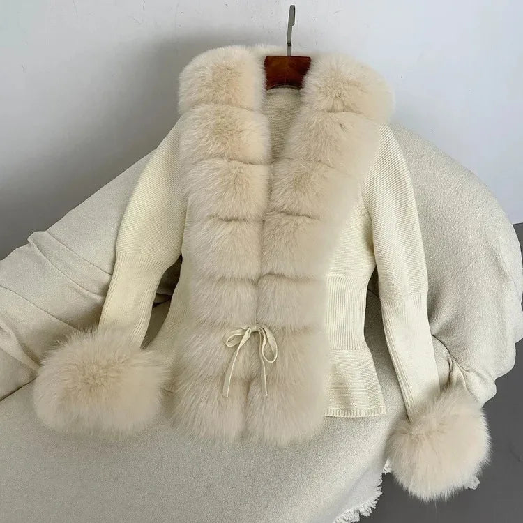 Women's Luxury Fur Coat with Detachable Fox Fur Collar - Autumn/Winter