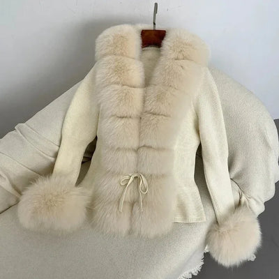 Women's Luxury Fur Coat with Detachable Fox Fur Collar - Autumn/Winter