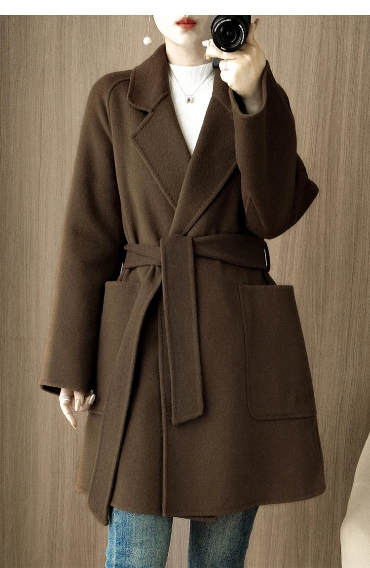 Women Double-Sided Woolen Cashmere Coat with Belt
