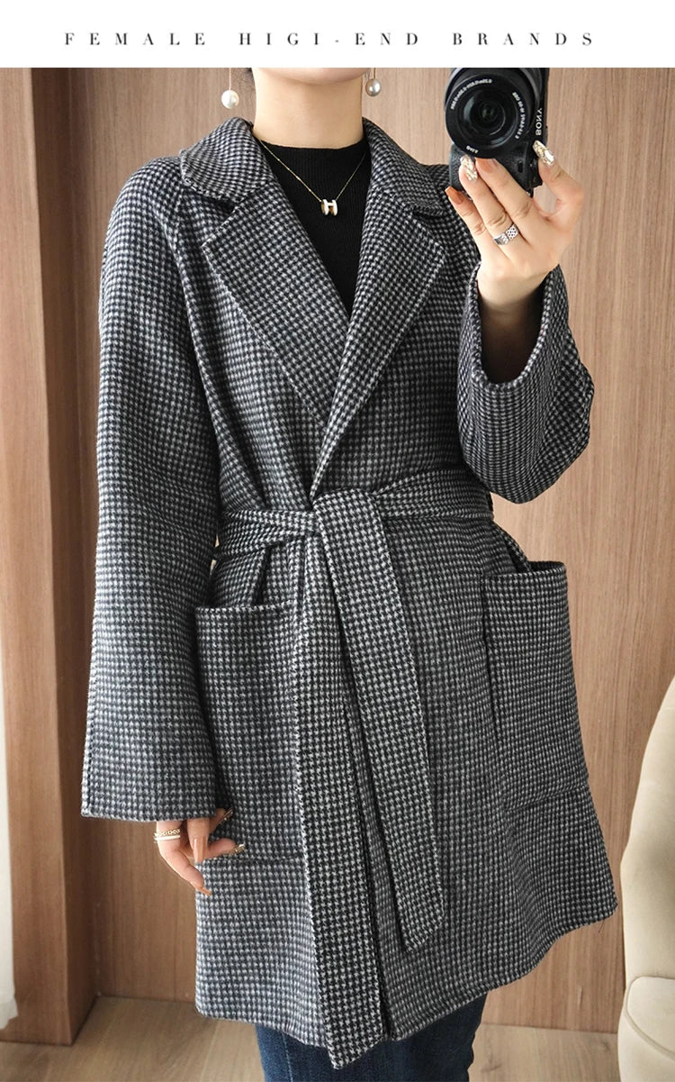 Women Double-Sided Woolen Cashmere Coat with Belt