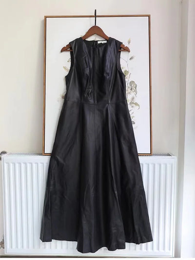 Leather Midi Dress - Sleeveless Pleated Skirt