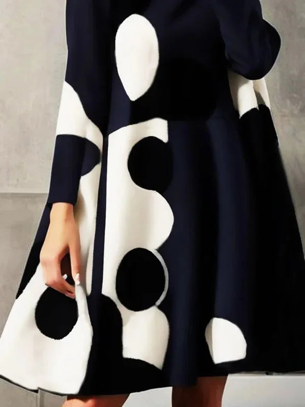 Elegant Polka-Dot High-Neck Long-Sleeve A-Line Party Dress