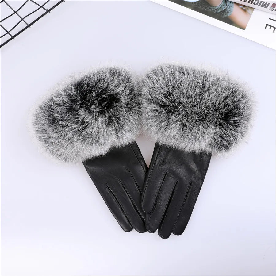 Sheepskin Leather Gloves with Fox Fur Trim – Women's Winter Mittens