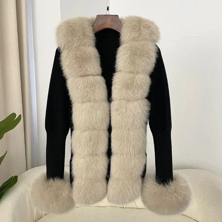 Women's Luxury Fur Coat with Detachable Fox Fur Collar - Autumn/Winter