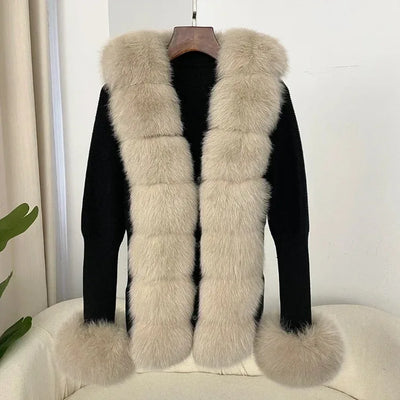 Women's Luxury Fur Coat with Detachable Fox Fur Collar - Autumn/Winter