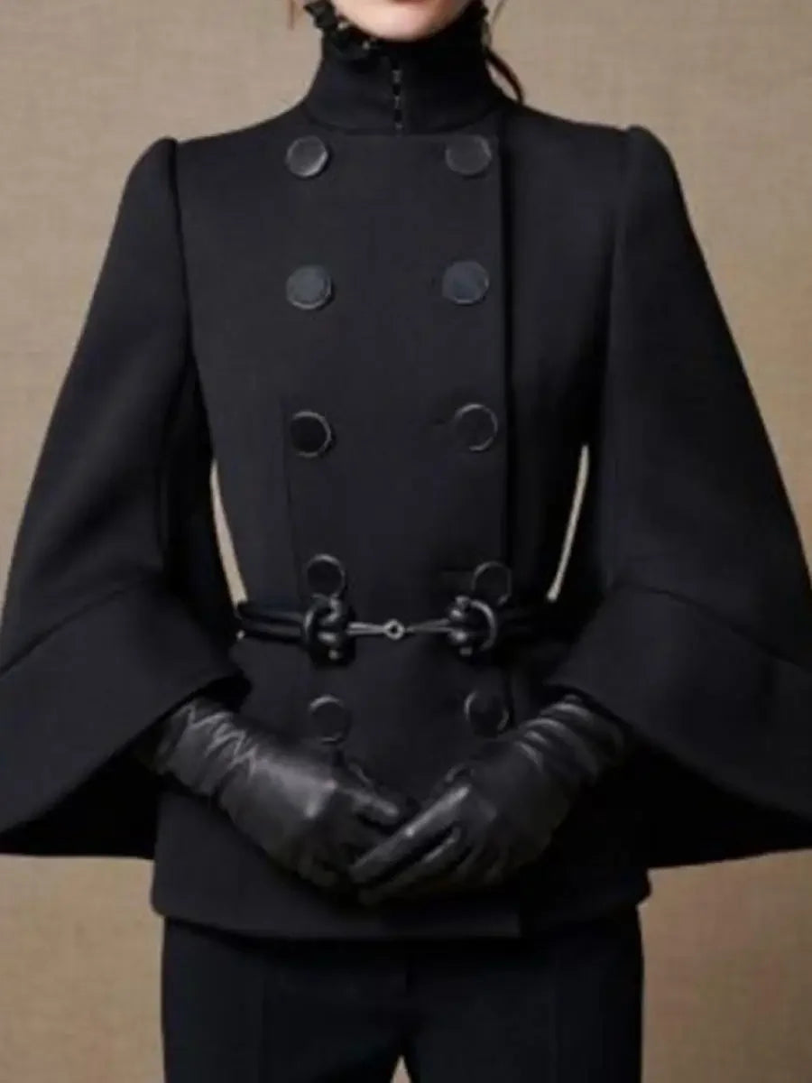 Women's Black High-Neck Buttoned Jacket with Flared Sleeves