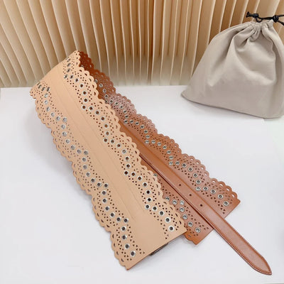 12 CM Wide Hollow Pattern Pin Buckle Waist Belt - Handmade Luxury Accessory