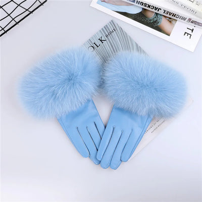 Sheepskin Leather Gloves with Fox Fur Trim – Women's Winter Mittens