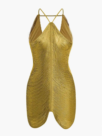 Fringe V-Neck Tassel Mini Dress - Halter Cutout Design