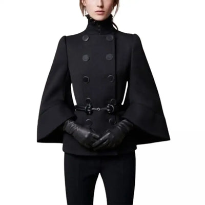Women's Black High-Neck Buttoned Jacket with Flared Sleeves
