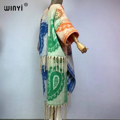 Winter Coat for Women - Luxury Cashew Print Long Overcoat with Tassels