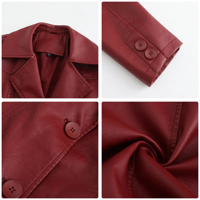 Red PU Leather Waist Lace-Up Long Jacket - Women's Fashion Overcoat