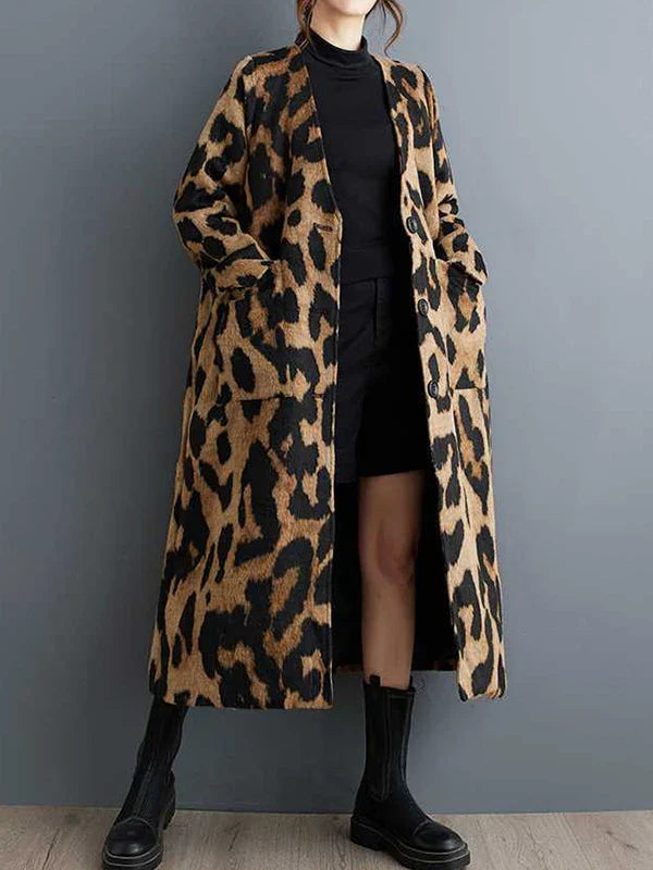 Fashionable Leopard Print Trench Coat | V-Neck, Loose Fit
