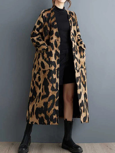 Fashionable Leopard Print Trench Coat | V-Neck, Loose Fit