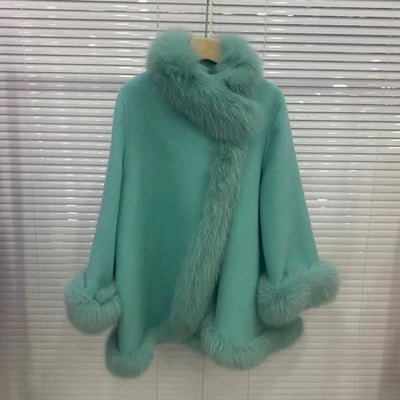 Women's Winter Real Fur Coat with Natural Fox Fur Collar and Wool Blend