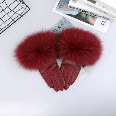 Sheepskin Leather Gloves with Fox Fur Trim – Women's Winter Mittens
