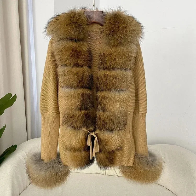 Women's Luxury Fur Coat with Detachable Fox Fur Collar - Autumn/Winter