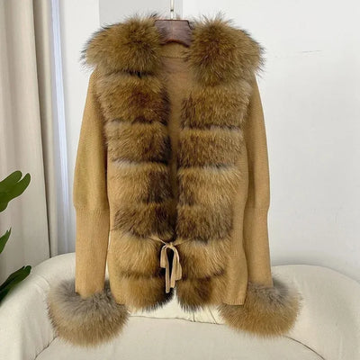 Women's Luxury Fur Coat with Detachable Fox Fur Collar - Autumn/Winter