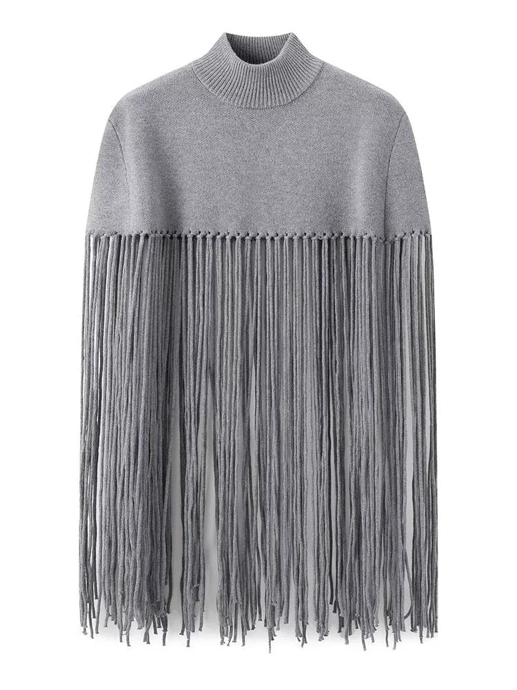 Solid Fringe Knitted Pullover Cloak for Women | Turtleneck Sleeveless Pullover