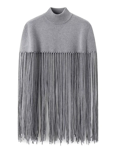 Solid Fringe Knitted Pullover Cloak for Women | Turtleneck Sleeveless Pullover