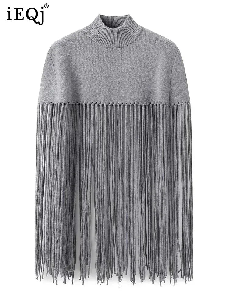 Solid Fringe Knitted Pullover Cloak for Women | Turtleneck Sleeveless Pullover