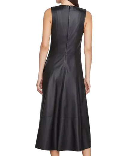 Leather Midi Dress - Sleeveless Pleated Skirt
