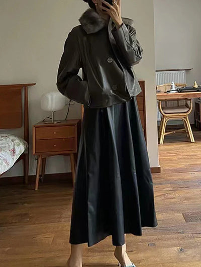 Leather Midi Dress - Sleeveless Pleated Skirt