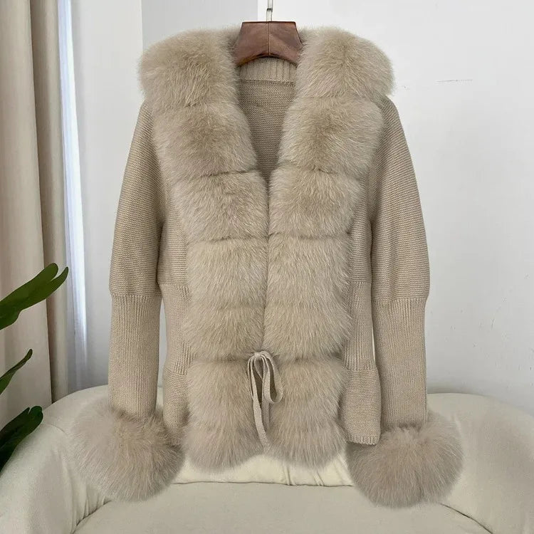 Women's Luxury Fur Coat with Detachable Fox Fur Collar - Autumn/Winter