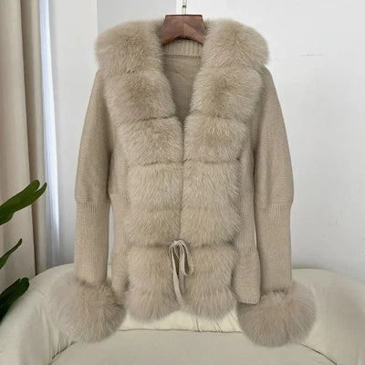 Women's Luxury Fur Coat with Detachable Fox Fur Collar - Autumn/Winter